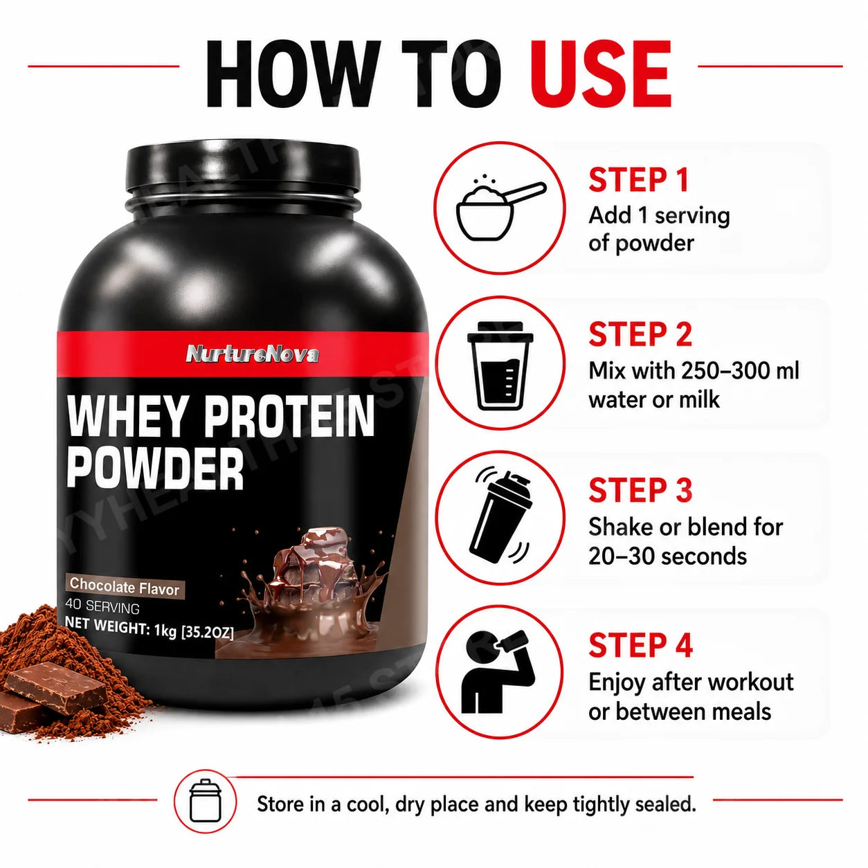 NurtureNova Whey Protein Powder Build Muscle Sport Support  Vanilla Flavor Strawberry Chocolate Matcha Banana Lemon 40 Servings