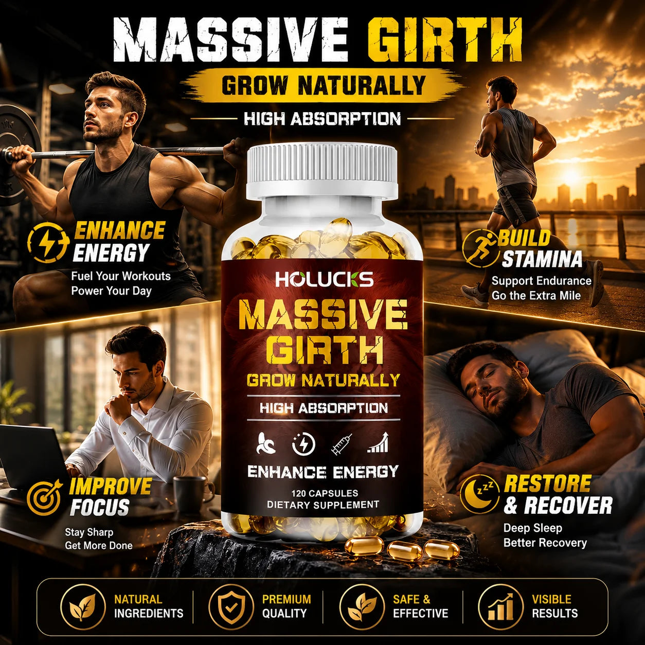 Massive Girth Male Boost Capsules, with Maca Root, Natural Energizer, Support Daily Energy, Stamina & Overall Wellness for Men